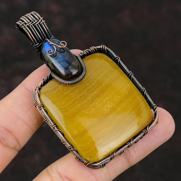 Yellow Lace Agate Radiant Yellow Handmade Copper Wire Wrapped Pendant