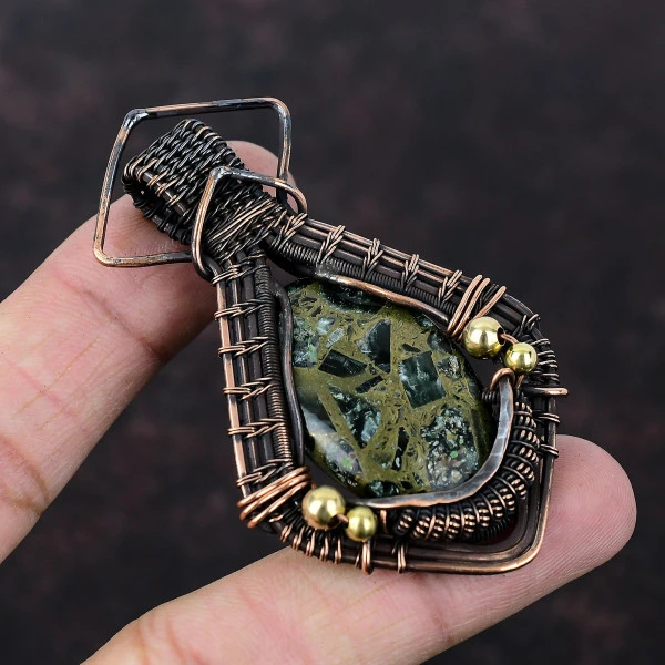 Copper Seraphinite Oval Green Handmade Copper Wire Wrapped Pendant