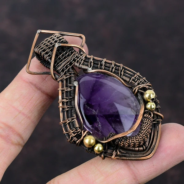 Star Amethyst Oval Purple Handmade Copper Wire Wrapped Pendant