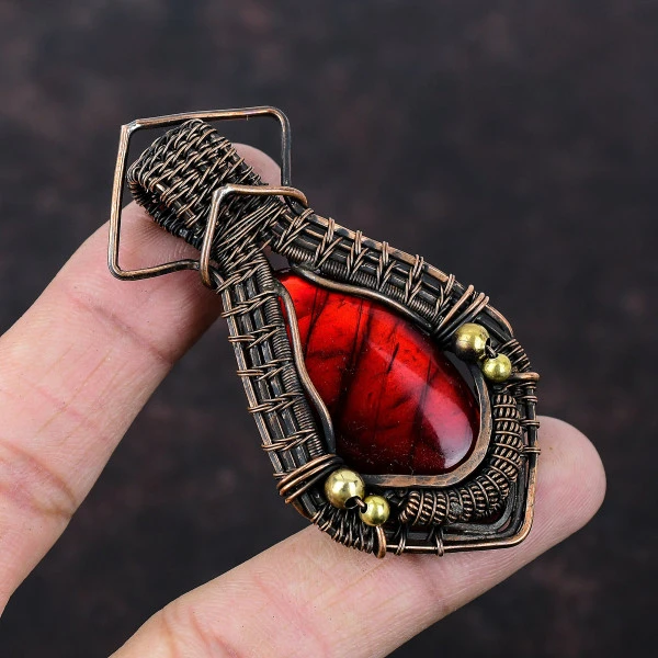 Red Fire Labradorite Oval Red Handmade Copper Wire Wrapped Pendant
