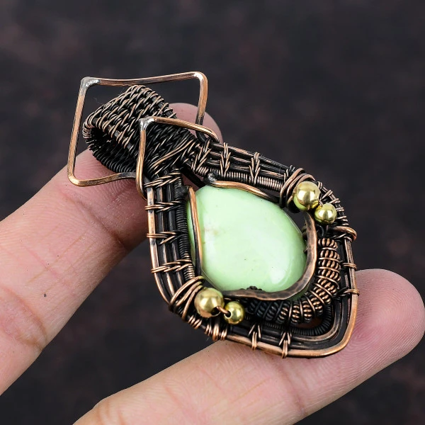 Lemon Chrysoprase Oval Green Handmade Copper Wire Wrapped Pendant