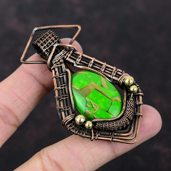Copper Green Turquoise Oval Green Handmade Copper Wire Wrapped Pendant
