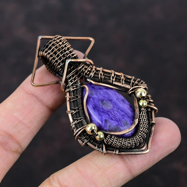 Charoite Oval Purple Handmade Copper Wire Wrapped Pendant