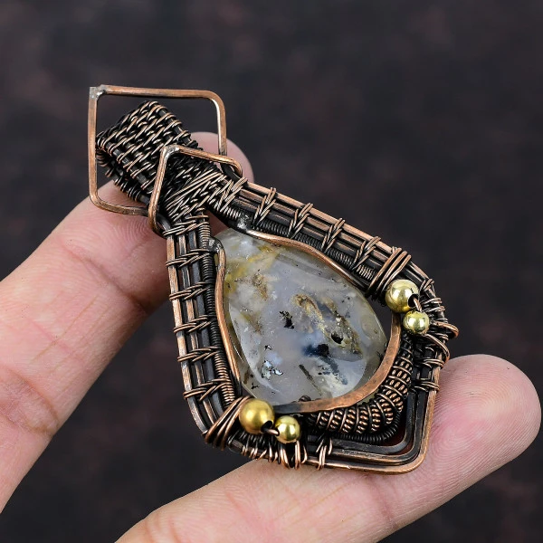 Plume Agate Oval Yellow Handmade Copper Wire Wrapped Pendant