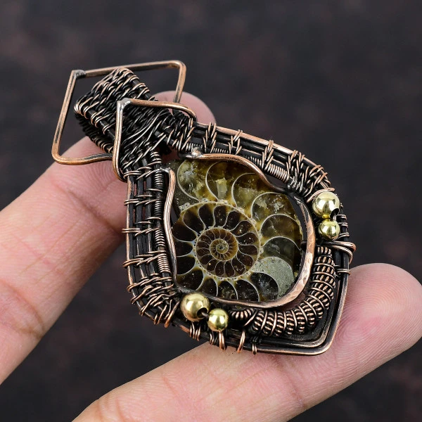 Ammonite Fossil Pear Brown Handmade Copper Wire Wrapped Pendant