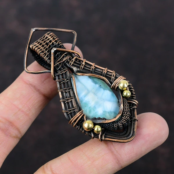 Larimar Oval Blue Handmade Copper Wire Wrapped Pendant