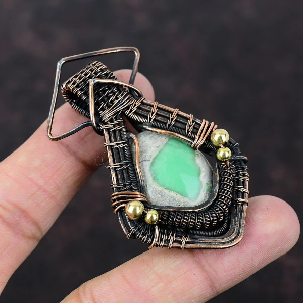Variscite Oval Green Handmade Copper Wire Wrapped Pendant