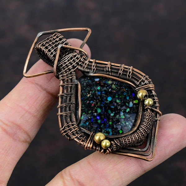 Black Ethiopian Opal Oval Black Handmade Copper Wire Wrapped Pendant