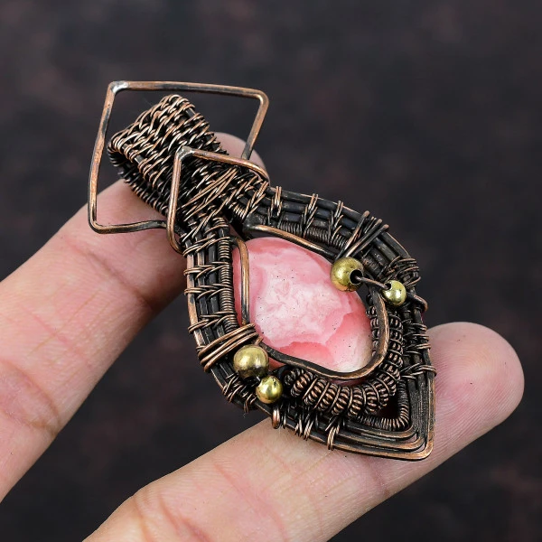 Rhodochrosite Oval Pink Handmade Copper Wire Wrapped Pendant
