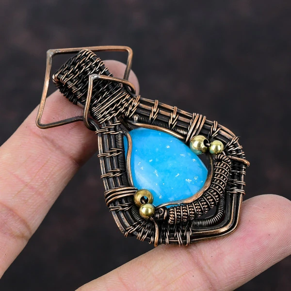 Smithsonite Oval Blue Handmade Copper Wire Wrapped Pendant
