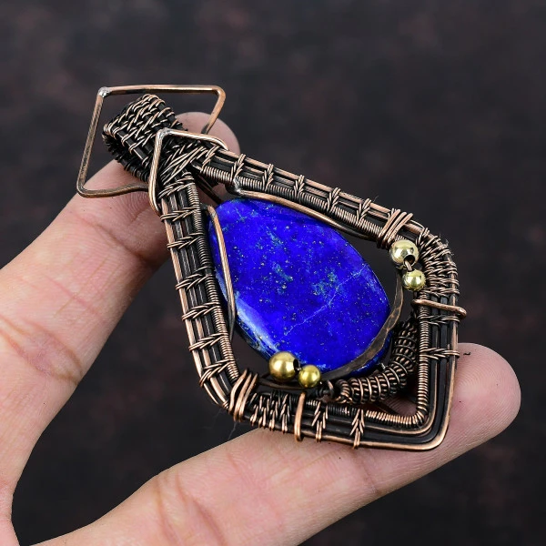 Lapis Lazuli Oval Blue Handmade Copper Wire Wrapped Pendant