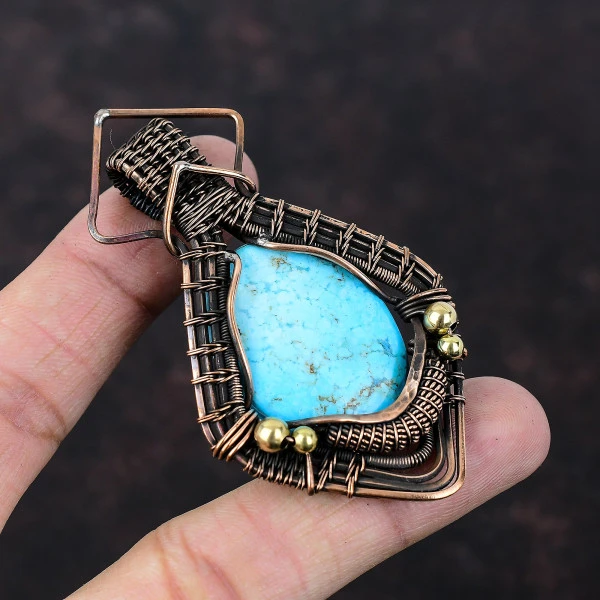 Tibetan Turquoise Oval Blue Handmade Copper Wire Wrapped Pendant