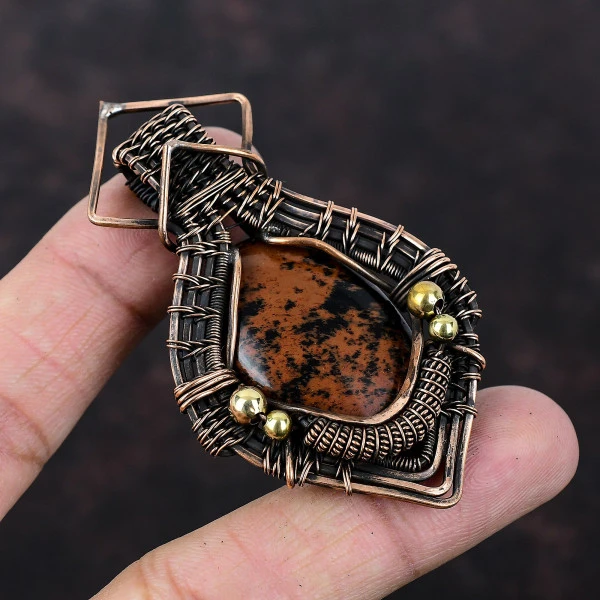 Mahogany Obsidian Oval Brown Handmade Copper Wire Wrapped Pendant