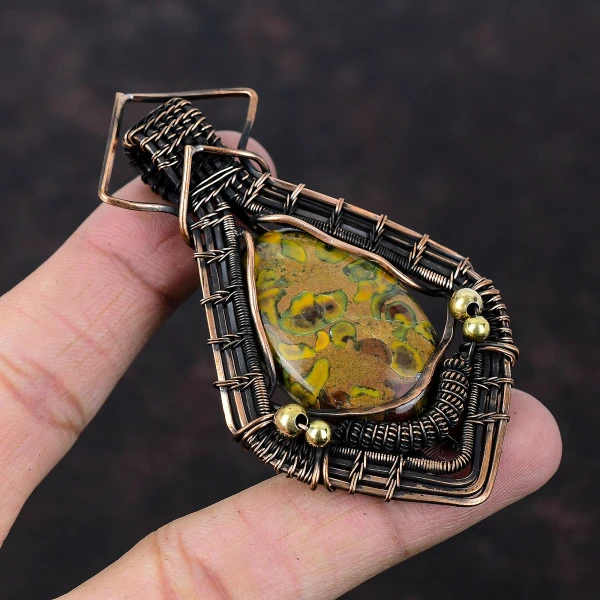 Fruit Jasper Oval Yellow Handmade Copper Wire Wrapped Pendant