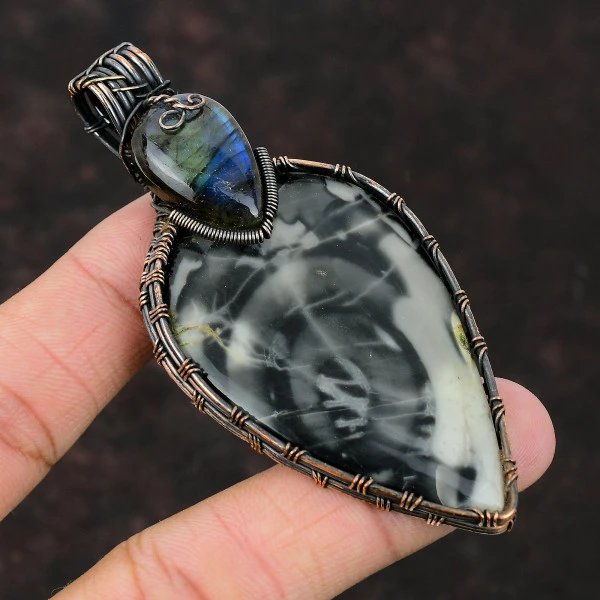 Picasso Jasper Pear Gray Handmade Copper Wire Wrapped Pendant