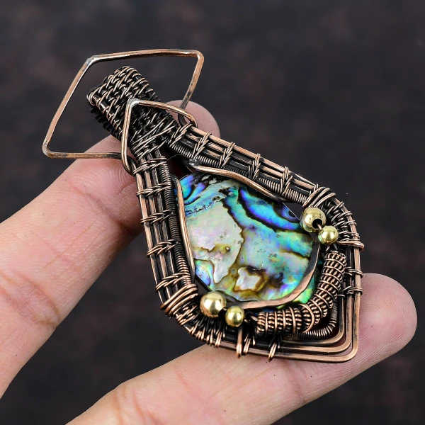 Abalone Shell Oval Green Handmade Copper Wire Wrapped Pendant