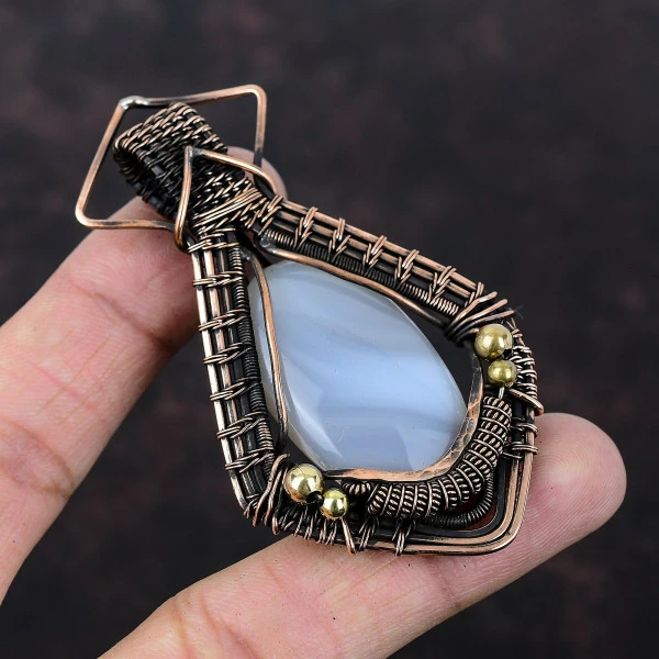 Agate Oval Gray Handmade Copper Wire Wrapped Pendant