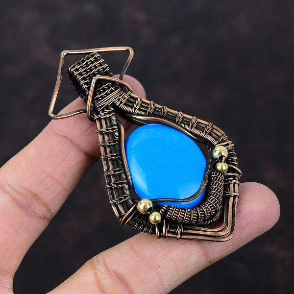 Sleeping Beauty Turquoise Oval Blue Handmade Copper Wire Wrapped Pendant