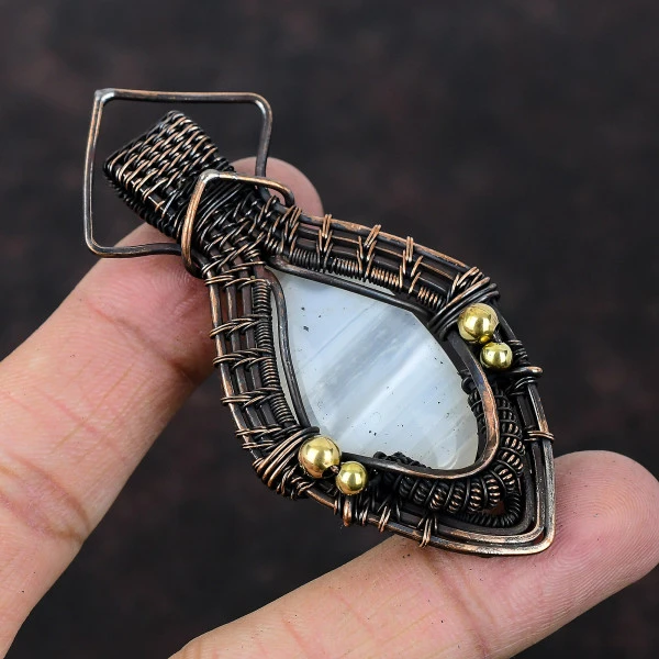 Botswana Agate Oval White Handmade Copper Wire Wrapped Pendant