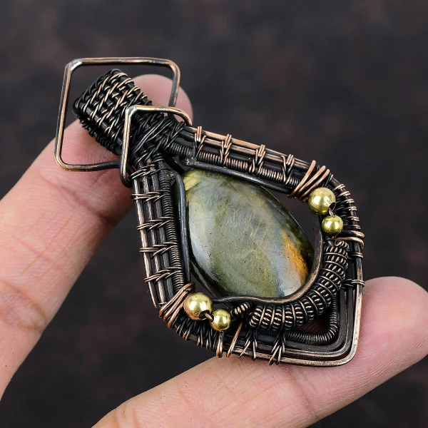 Labradorite Oval Gray Handmade Copper Wire Wrapped Pendant
