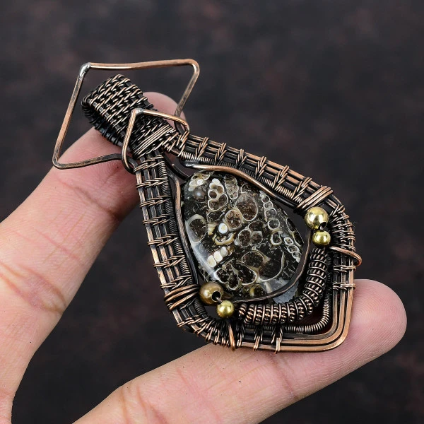 Turritella Agate Oval Brown Handmade Copper Wire Wrapped Pendant