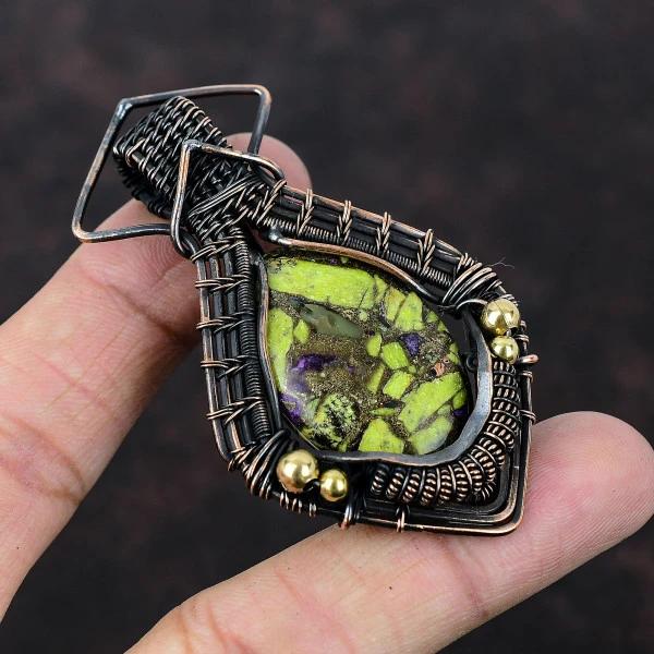 Copper Stichtite Oval Green Handmade Copper Wire Wrapped Pendant