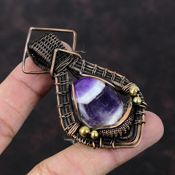 Chevron Amethyst Oval Purple Handmade Copper Wire Wrapped Pendant