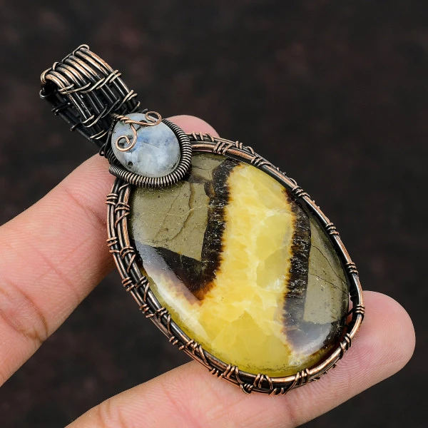 Septarian & Rainbow Moonstone Copper Wire Wrapped Pendant – Handmade Healing Gemstone Jewelry