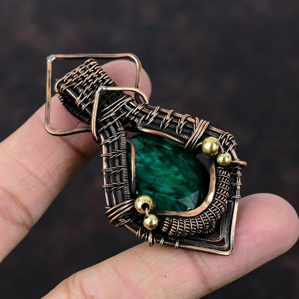 Zambian Emerald Oval Green Handmade Copper Wire Wrapped Pendant