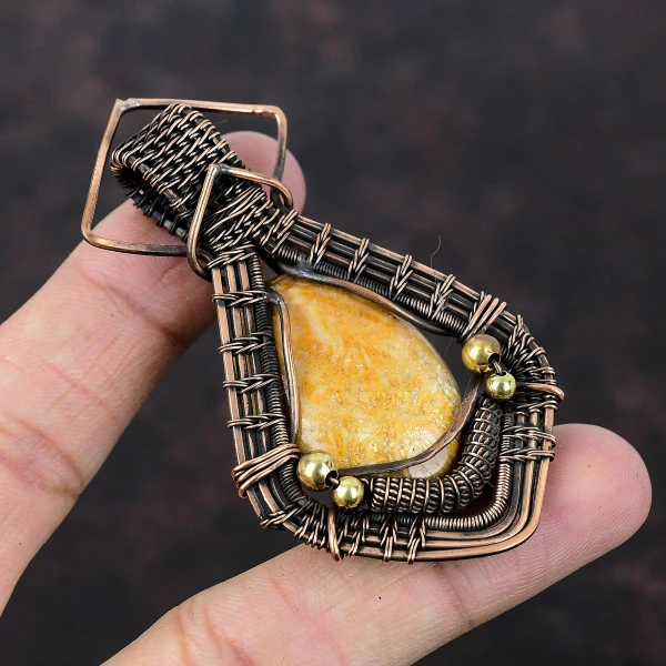 Fossil Coral Oval Yellow Handmade Copper Wire Wrapped Pendant