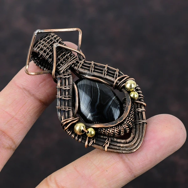 Psilomelane Oval Black Handmade Copper Wire Wrapped Pendant