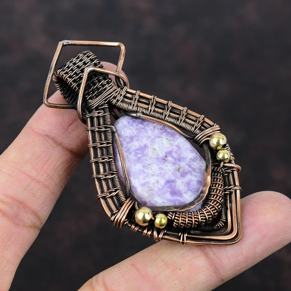 Lepidolite Oval Purple Handmade Copper Wire Wrapped Pendant