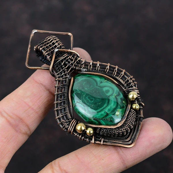 Malachite Oval Green Handmade Copper Wire Wrapped Pendant