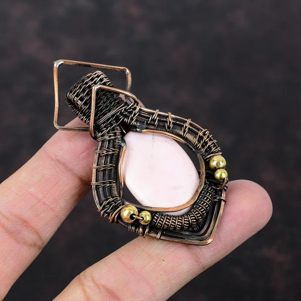 Pink Opal Oval Pink Handmade Copper Wire Wrapped Pendant