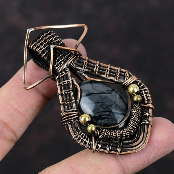 Picasso Jasper Oval Black Handmade Copper Wire Wrapped Pendant