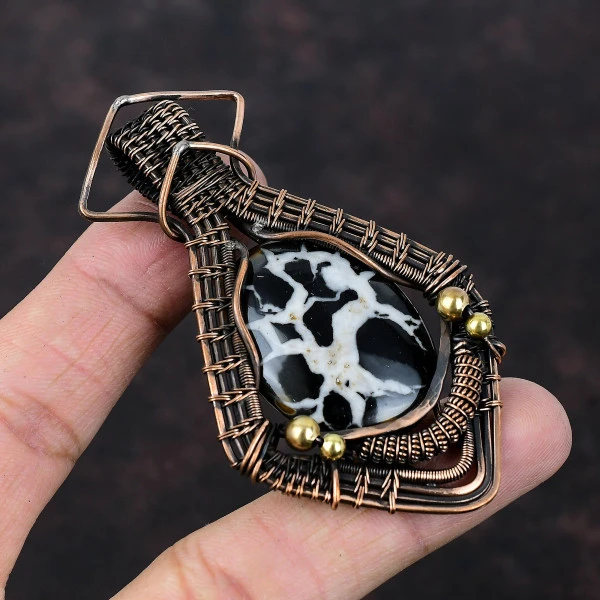 Moroccan Mud Crack Fossil Oval Black Handmade Copper Wire Wrapped Pendant
