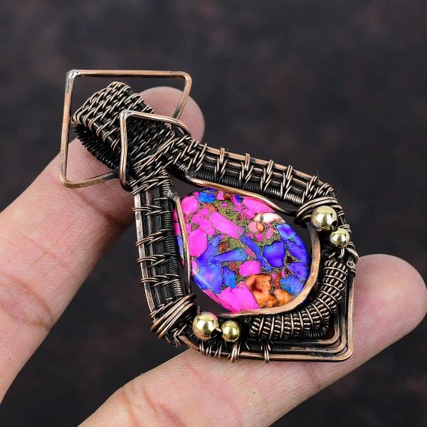 Natural Kingman Pink Dahlia Turquoise Oval Pink Handmade Copper Wire Wrapped Pendant