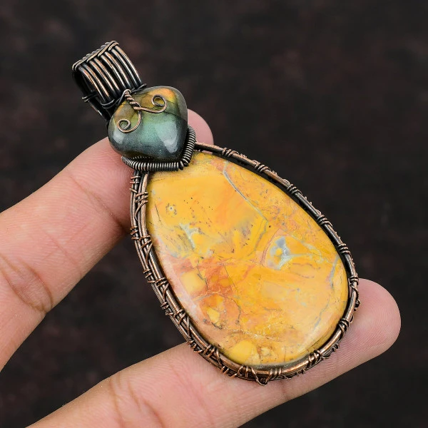 Maligano Jasper Pear Yellow Handmade Copper Wire Wrapped Pendant