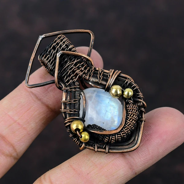 Rainbow Moonstone Oval White Handmade Copper Wire Wrapped Pendant