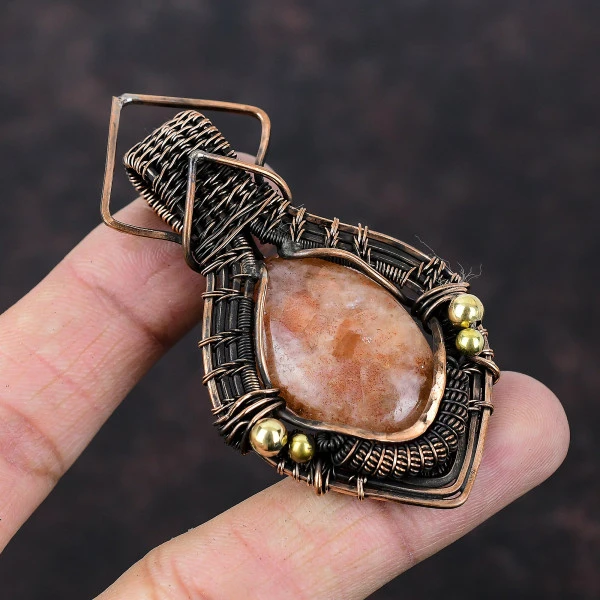 Sunstone Oval Orange Handmade Copper Wire Wrapped Pendant