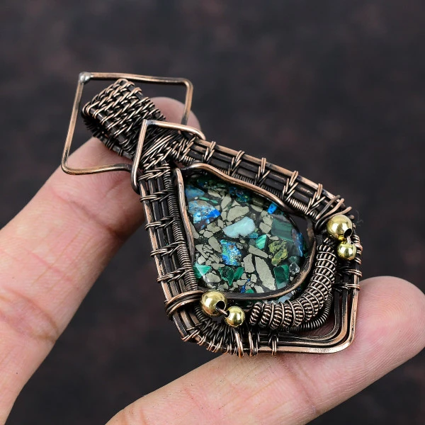 Copper Azurite Malachite Oval Green Handmade Copper Wire Wrapped Pendant