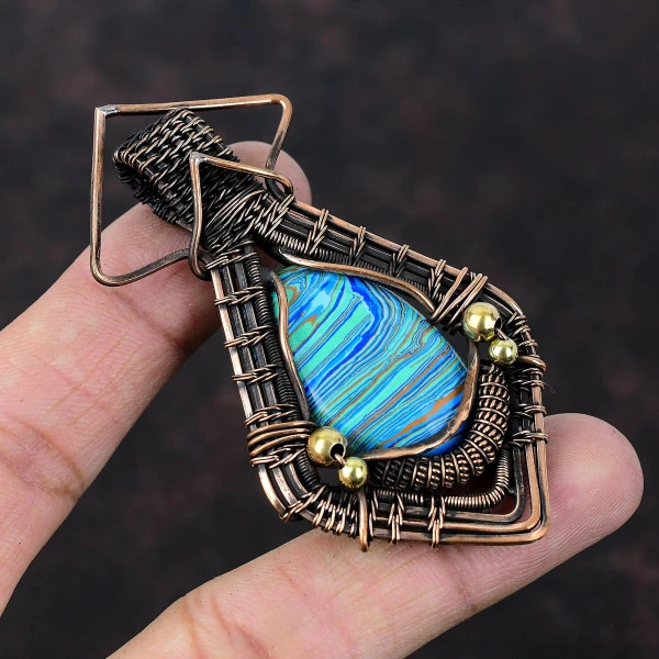 Rainbow Calsilica Oval Blue Handmade Copper Wire Wrapped Pendant