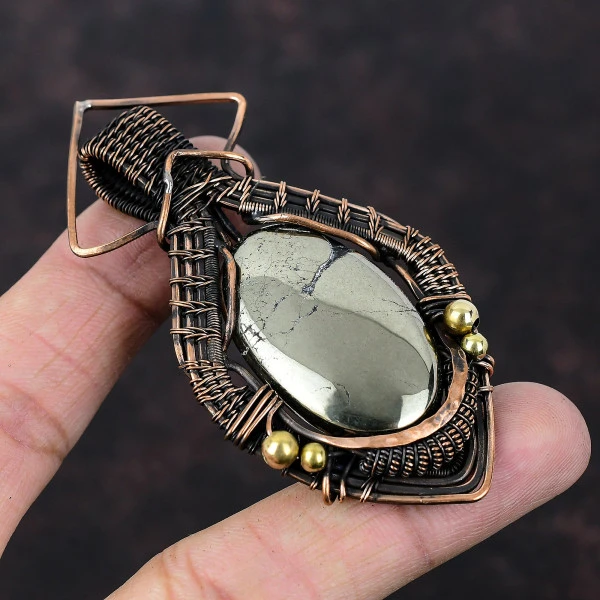 Pyrite Oval Gold Handmade Copper Wire Wrapped Pendant