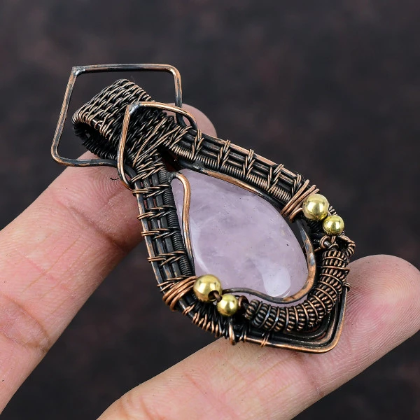 Rose Quartz Oval Pink Handmade Copper Wire Wrapped Pendant