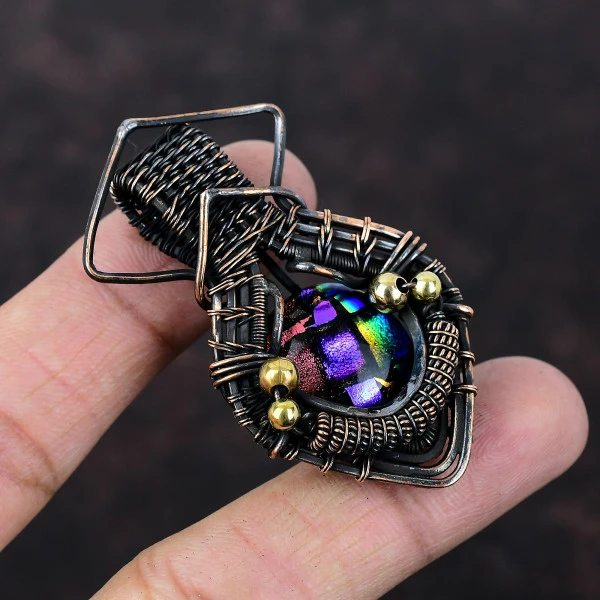 American Dichroic Glass Round Purple Handmade Copper Wire Wrapped Pendant
