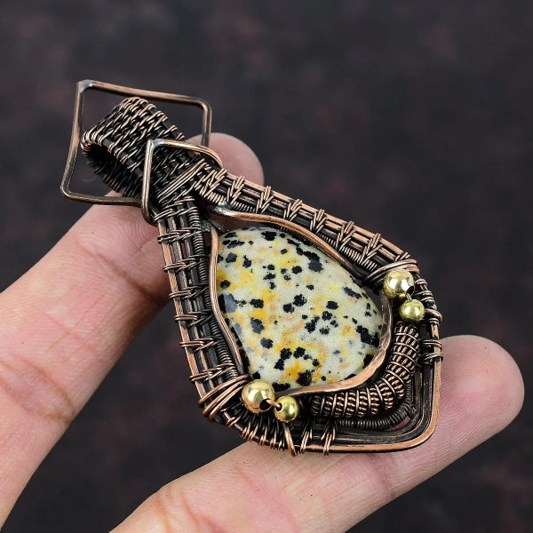 Dalmatian Jasper Oval Black Handmade Copper Wire Wrapped Pendant