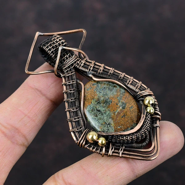 Spessartine Garnet in Limestone Oval Green Handmade Copper Wire Wrapped Pendant