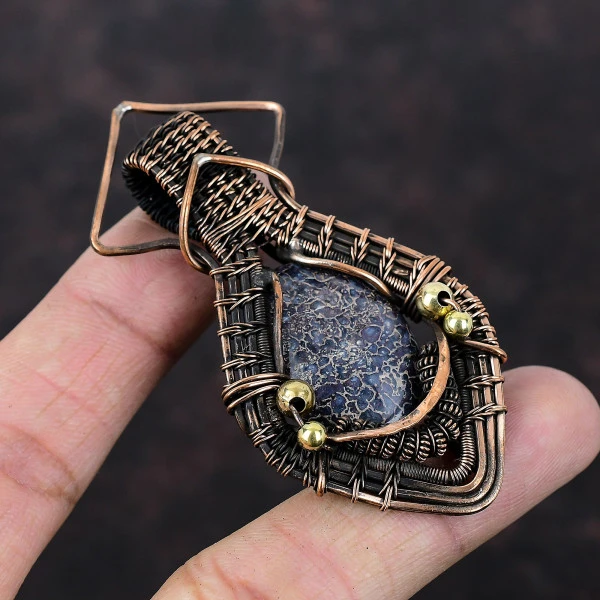 Dinosaur Bone Oval Red Handmade Copper Wire Wrapped Pendant