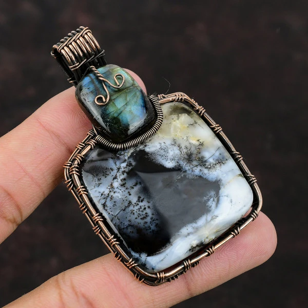 Dendrite Opal & Labradorite Pendant – Handmade Copper Wire Wrapped Gemstone Jewelry