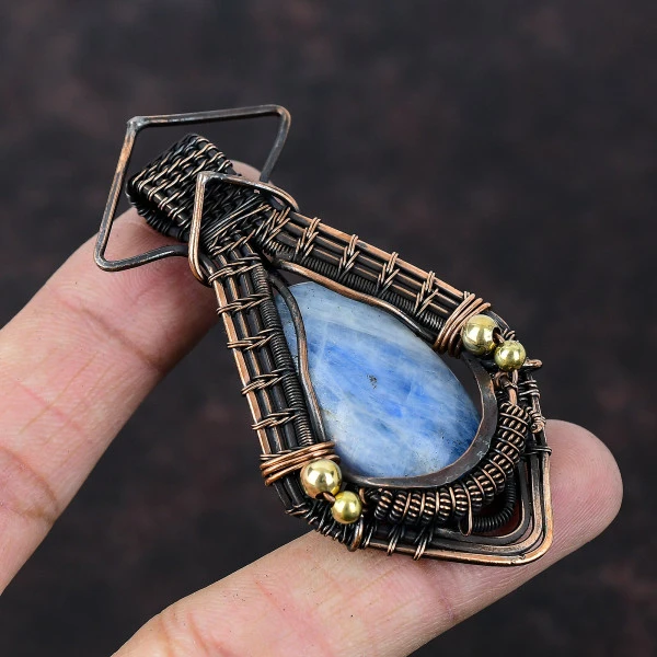 Kyanite Oval Blue Handmade Copper Wire Wrapped Pendant